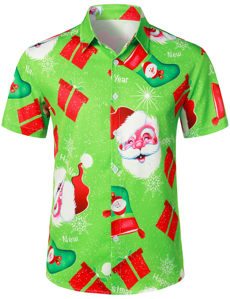 Men's Vintage Santa Claus And Gift Print Costume Green  Funny Christmas Themed Short Sleeve Shirt