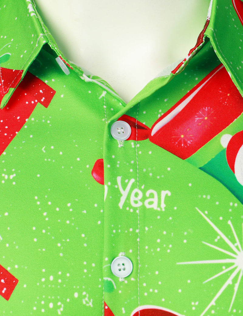 Men's Vintage Santa Claus And Gift Print Costume Green  Funny Christmas Themed Short Sleeve Shirt