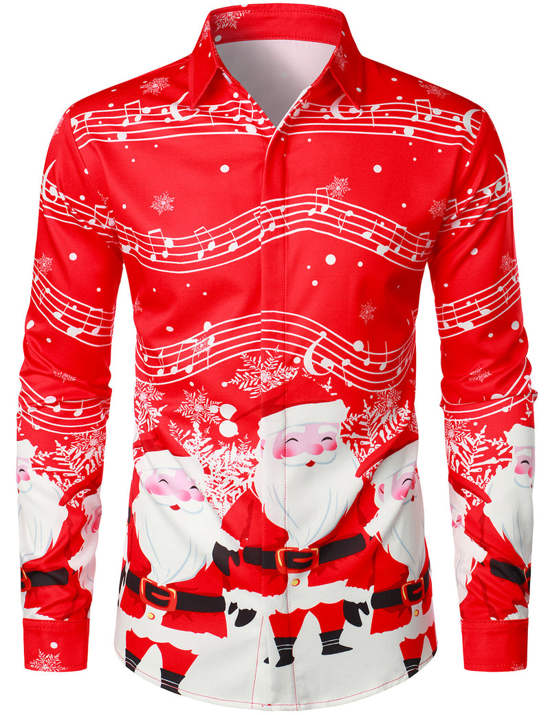 Men's Music Merry Christmas Carol Themed Top Santa Claus Xmas Costume Red Funny Long Sleeve Shirt