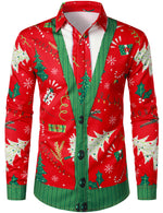 Men's Christmas Tree Print Funny Outfit Themed Top Red Long Sleeve Shirt