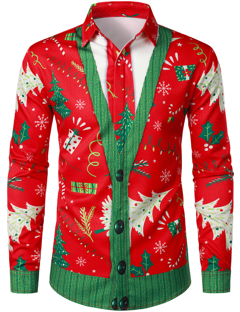 Men's Christmas Tree Print Funny Outfit Themed Top Red Long Sleeve Shirt