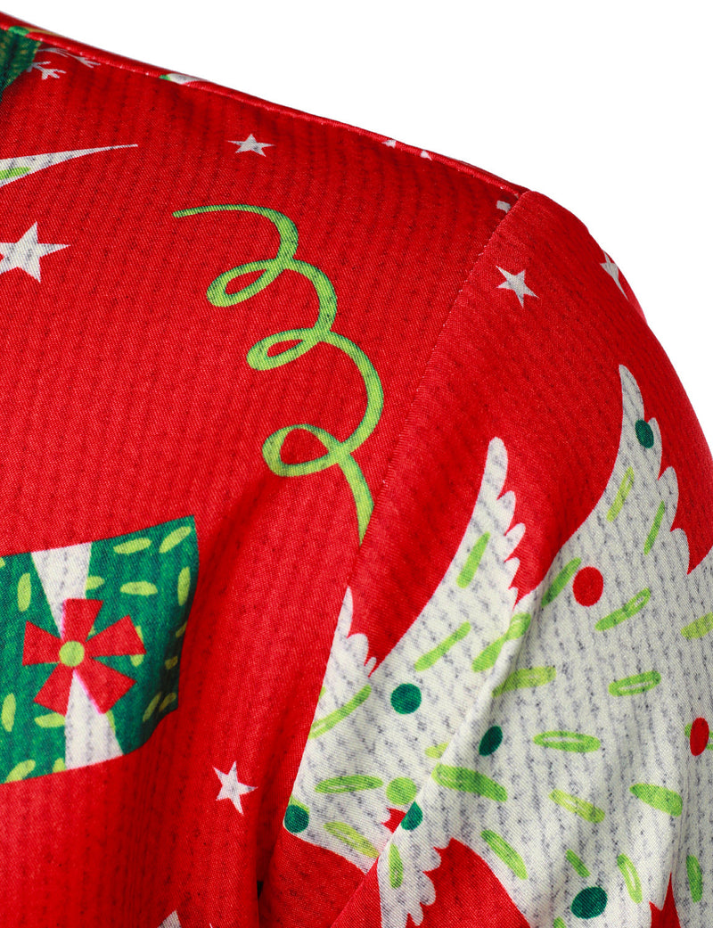 Men's Christmas Tree Print Funny Outfit Themed Top Red Long Sleeve Shirt