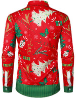 Men's Christmas Tree Print Funny Outfit Themed Top Red Long Sleeve Shirt