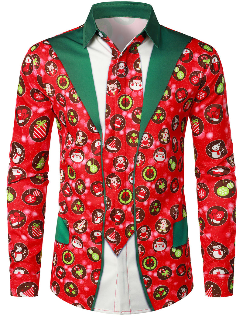 Men's Funny Christmas Print Red Button Up Long Sleeve Shirt