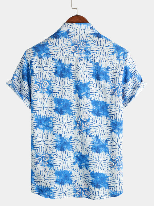 Men's Blue Floral Print Breathable Cotton Retro Pocket Short Sleeve Shirt