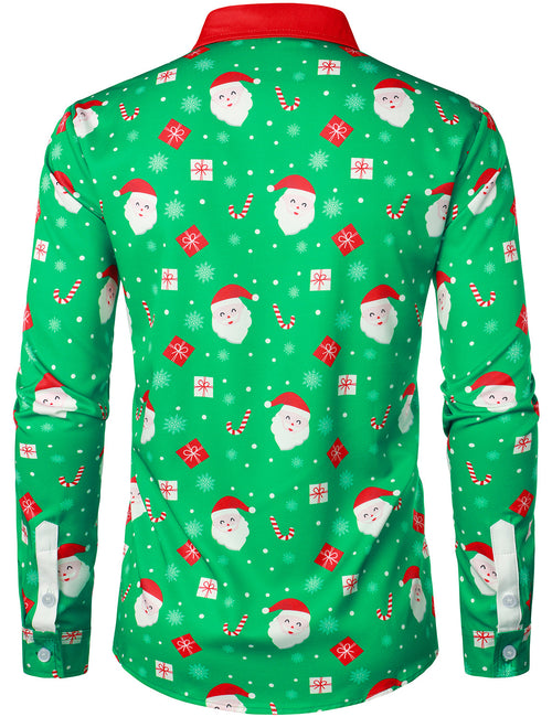 Men's Santa Claus And Candy Gift Print Christmas Green Long Sleeve Shirt