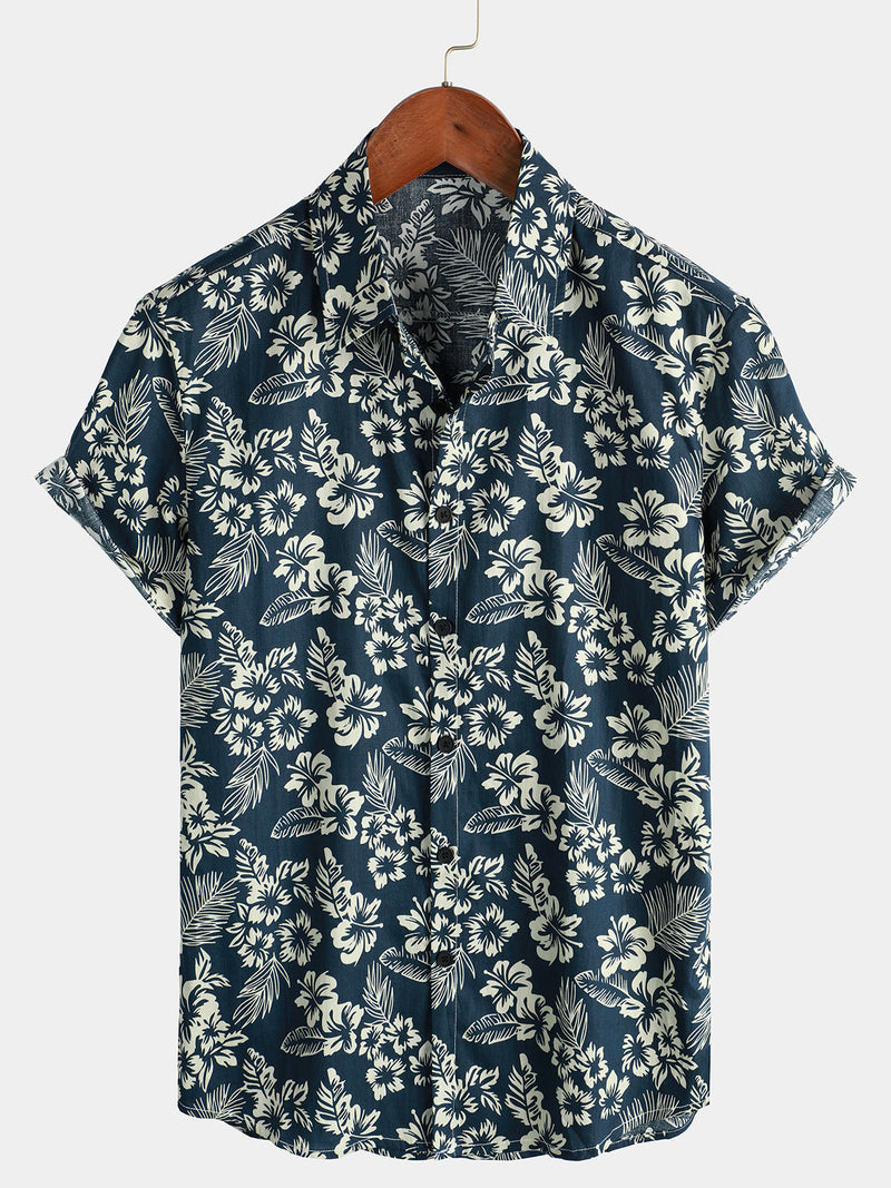 Men's Floral Print Vacation Cotton Breathable Navy Blue Hawaiian Short Sleeve Aloha Shirt