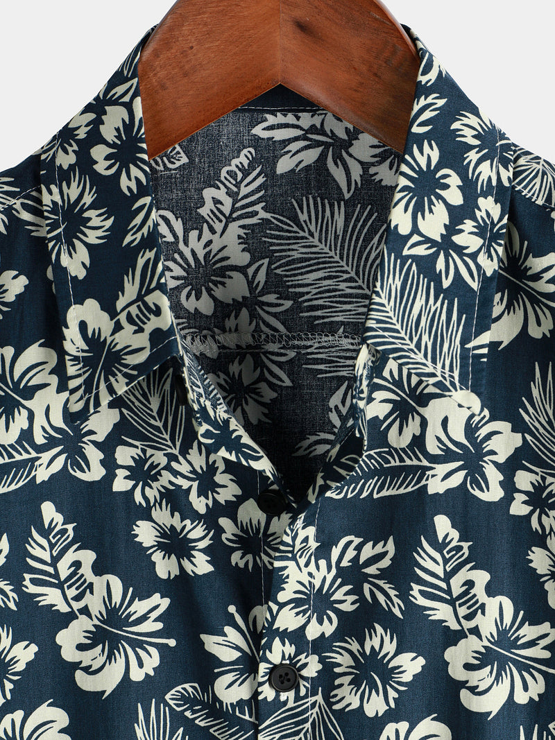 Men's Floral Print Vacation Cotton Breathable Navy Blue Hawaiian Short Sleeve Aloha Shirt