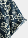 Men's Floral Print Vacation Cotton Breathable Navy Blue Hawaiian Short Sleeve Aloha Shirt