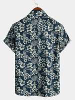 Men's Floral Print Vacation Cotton Breathable Navy Blue Hawaiian Short Sleeve Aloha Shirt