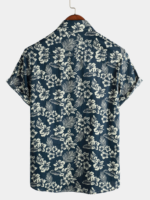 Men's Floral Print Vacation Cotton Breathable Navy Blue Hawaiian Short Sleeve Aloha Shirt
