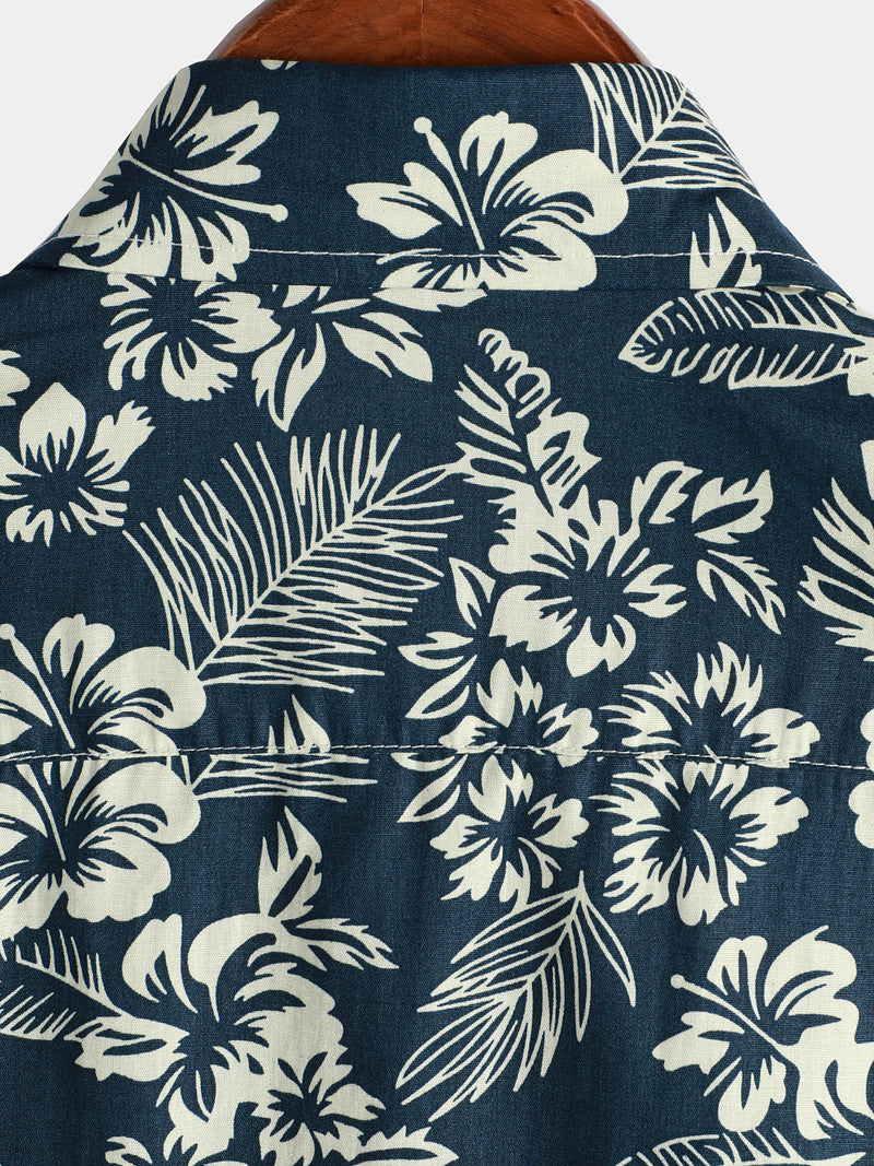 Men's Floral Print Vacation Cotton Breathable Navy Blue Hawaiian Short Sleeve Aloha Shirt