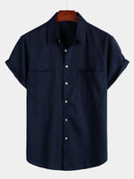 Men's Cotton & Linen Chest Pockets Solid Color Short Sleeve Shirt