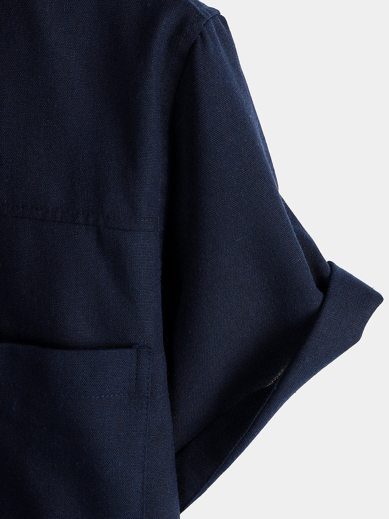 Men's Cotton & Linen Chest Pockets Solid Color Short Sleeve Shirt