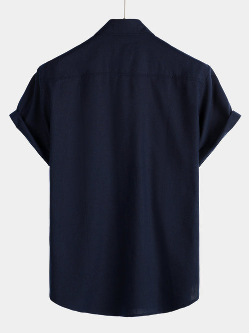 Men's Cotton & Linen Chest Pockets Solid Color Short Sleeve Shirt