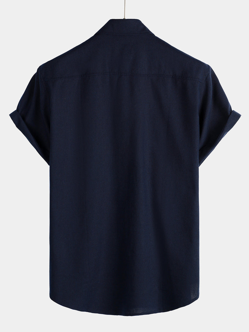 Men's Cotton & Linen Chest Pockets Solid Color Short Sleeve Shirt