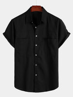 Men's Cotton & Linen Chest Pockets Solid Color Short Sleeve Shirt