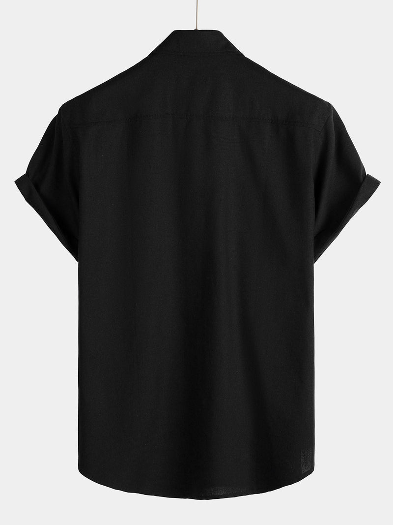 Men's Cotton & Linen Chest Pockets Solid Color Short Sleeve Shirt