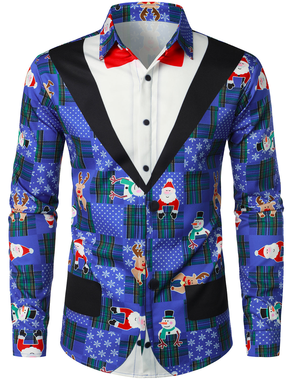 Men's Santa Claus And Red Nosed Reindeer Christmas Blue Plaid Long Sleeve Shirt