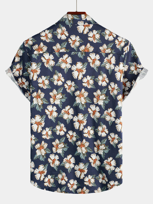 Men's Cotton Floral Print Holiday Flower Hawaiian Short Sleeve Shirt