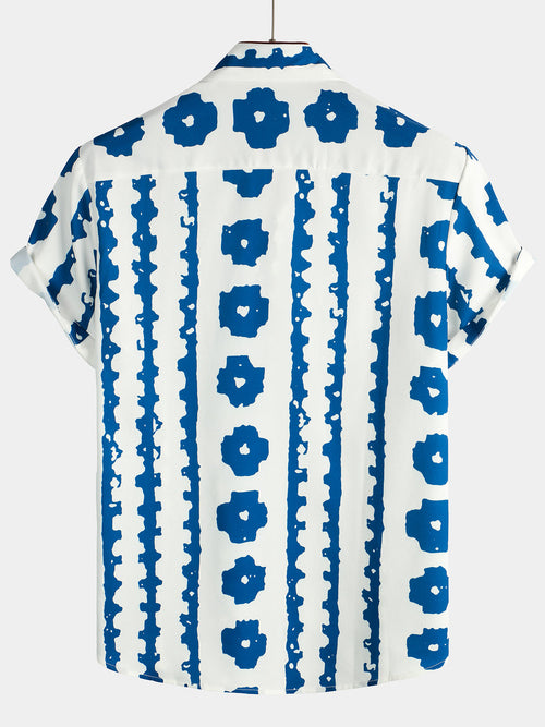 Men's Blue Vertical Stripe Flower Print Vintage Button Up  Short Sleeve Shirt