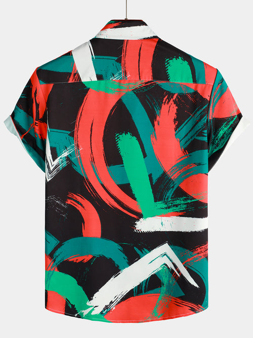 Men's Abstract Print Summer Casual Button Up Short Sleeve Shirt