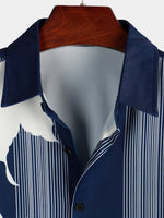 Men's Vertical Stripe Flower Print Vacation Navy Blue Hawaiian Vintage Aloha Short Sleeve Shirt