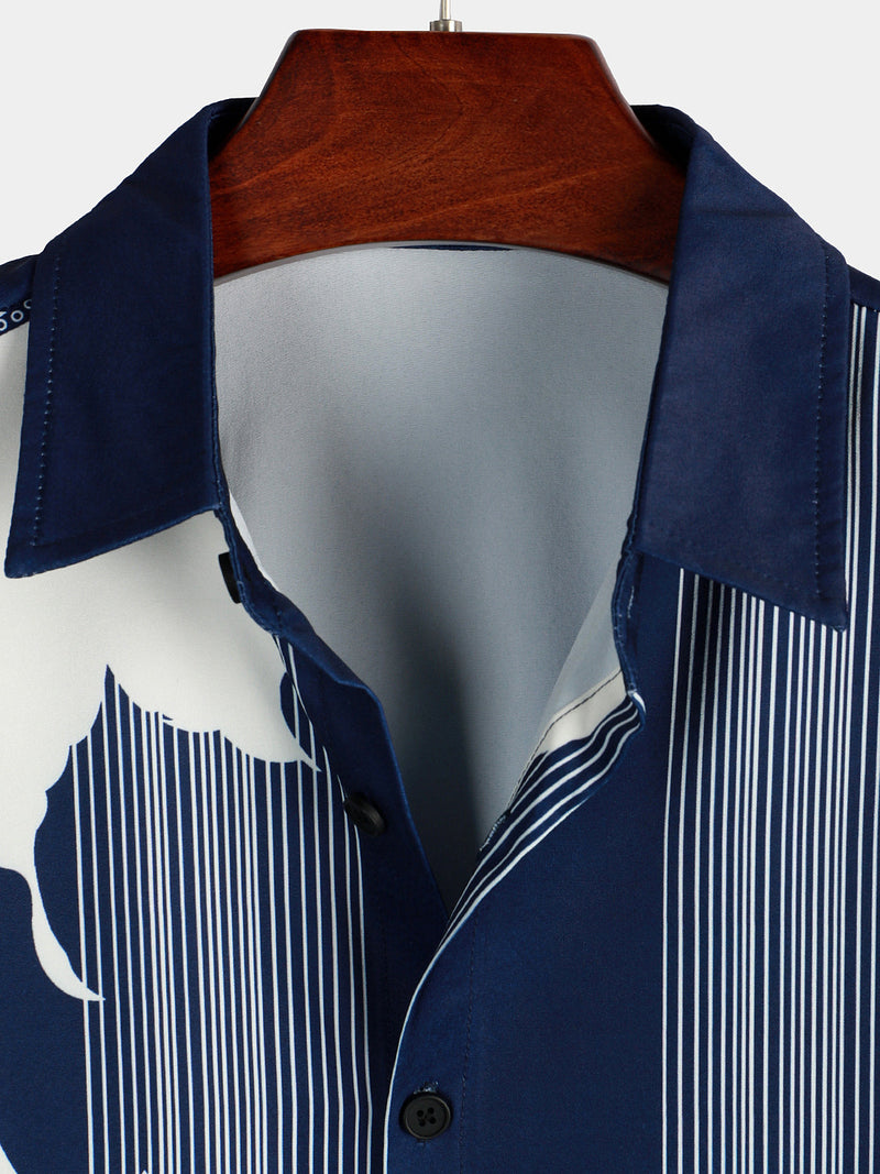 Men's Vertical Stripe Flower Print Vacation Navy Blue Hawaiian Vintage Aloha Short Sleeve Shirt