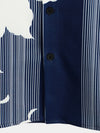 Men's Vertical Stripe Flower Print Vacation Navy Blue Hawaiian Vintage Aloha Short Sleeve Shirt