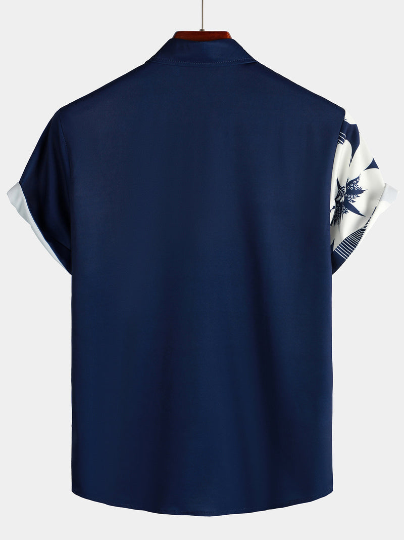 Men's Vertical Stripe Flower Print Vacation Navy Blue Hawaiian Vintage Aloha Short Sleeve Shirt