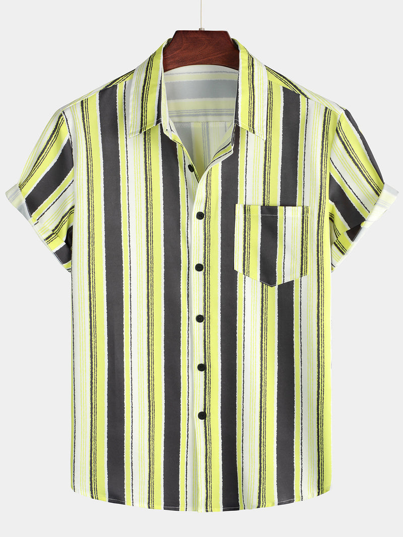 Men's Vintage Black and Yellow Vertical Striped Print Summer Casual Pocket Short Sleeve Shirt