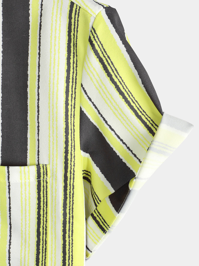 Men's Vintage Black and Yellow Vertical Striped Print Summer Casual Pocket Short Sleeve Shirt