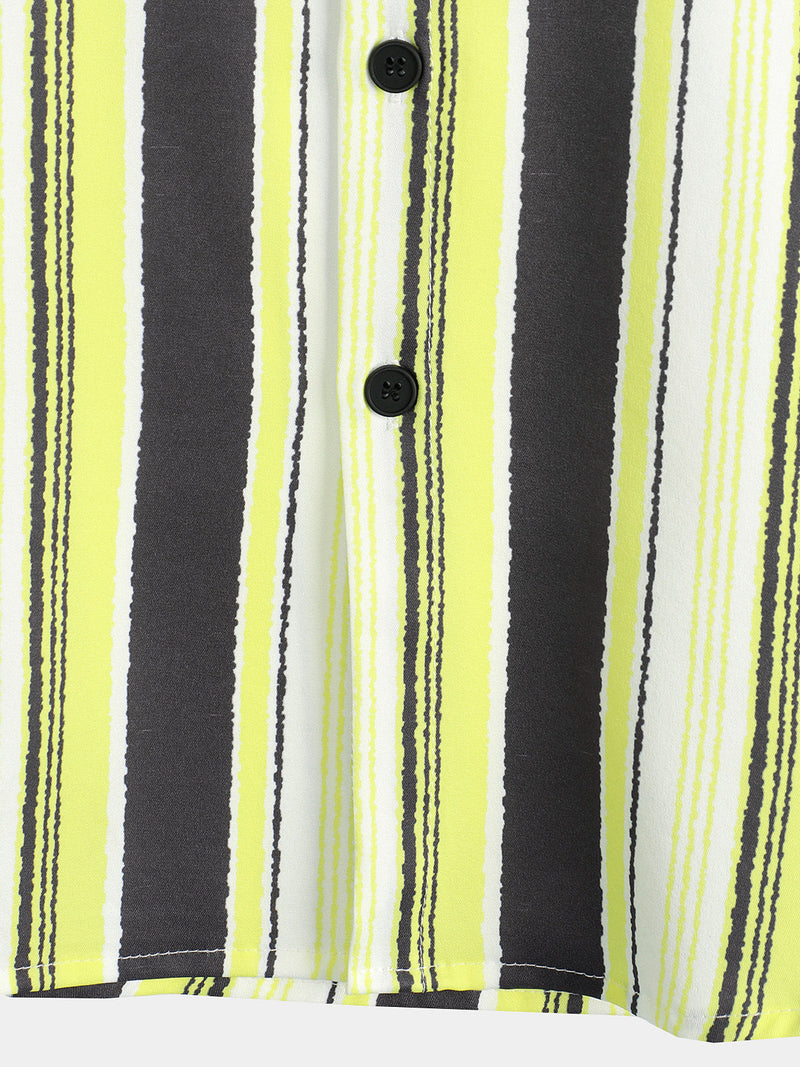 Men's Vintage Black and Yellow Vertical Striped Print Summer Casual Pocket Short Sleeve Shirt