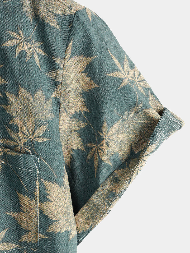 Men's Maple Leaf Breathable Top Cotton Pocket Short Sleeve Summer Shirt