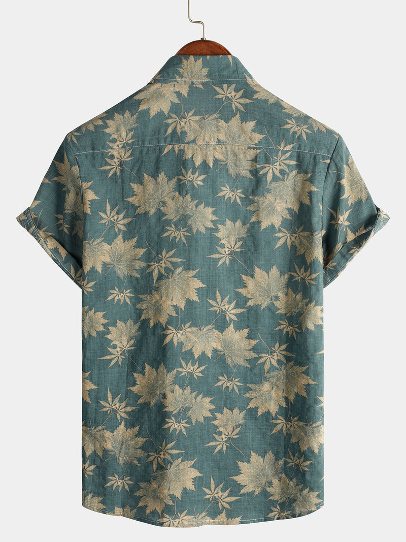 Men's Maple Leaf Breathable Top Cotton Pocket Short Sleeve Summer Shirt