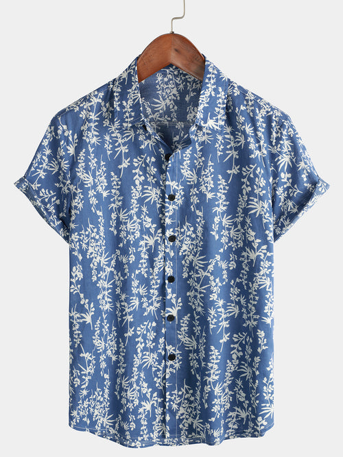 Men's Tropical Leaf Print Top Blue Cotton Button Up Short Sleeve Shirt