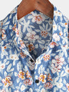 Men's Floral Print Vintage Blue Breathable Cotton Top Button Up Short Sleeve Shirt