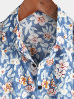 Men's Floral Print Vintage Blue Breathable Cotton Top Button Up Short Sleeve Shirt