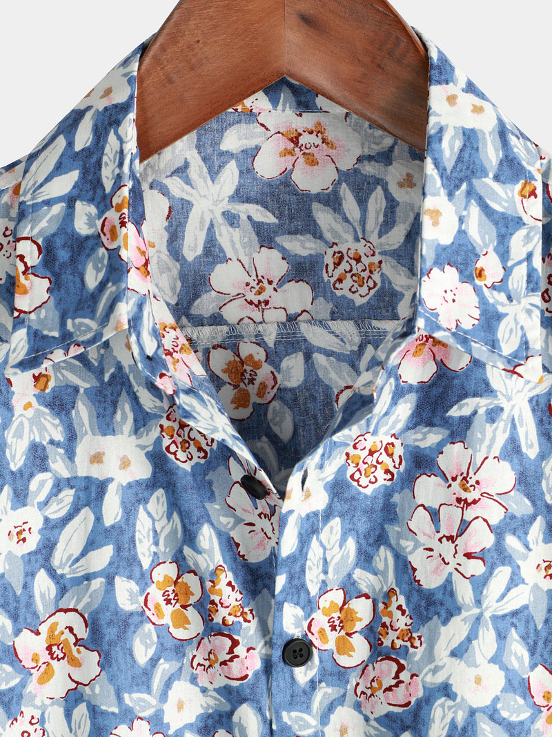 Men's Floral Print Vintage Blue Breathable Cotton Top Button Up Short Sleeve Shirt