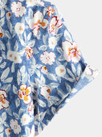 Men's Floral Print Vintage Blue Breathable Cotton Top Button Up Short Sleeve Shirt