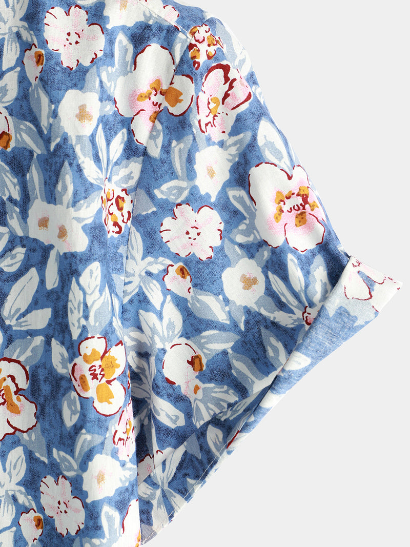 Men's Floral Print Vintage Blue Breathable Cotton Top Button Up Short Sleeve Shirt