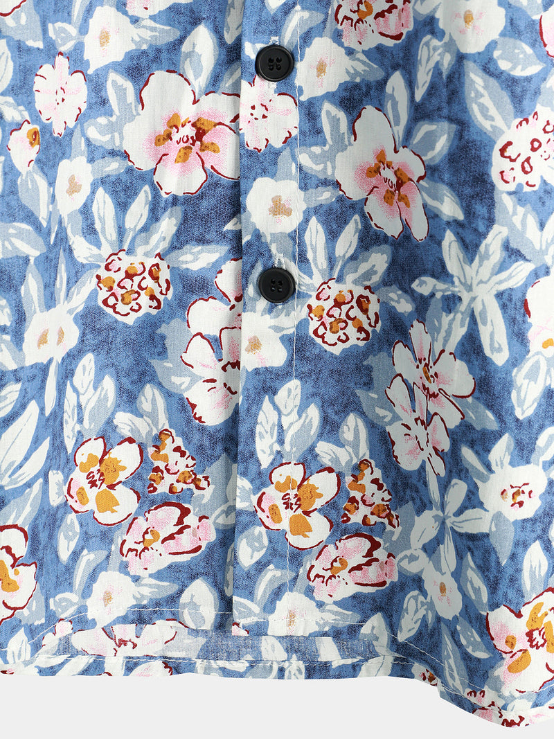 Men's Floral Print Vintage Blue Breathable Cotton Top Button Up Short Sleeve Shirt
