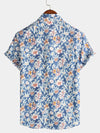 Men's Floral Print Vintage Blue Breathable Cotton Top Button Up Short Sleeve Shirt