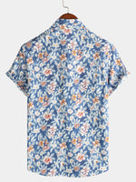 Men's Floral Print Vintage Blue Breathable Cotton Top Button Up Short Sleeve Shirt