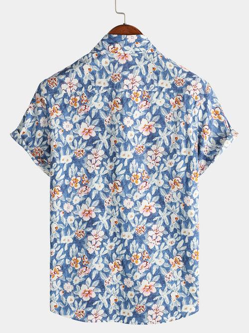 Men's Floral Print Vintage Blue Breathable Cotton Top Button Up Short Sleeve Shirt