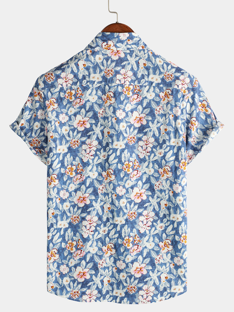 Men's Floral Print Vintage Blue Breathable Cotton Top Button Up Short Sleeve Shirt