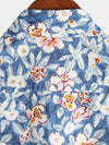 Men's Floral Print Vintage Blue Breathable Cotton Top Button Up Short Sleeve Shirt