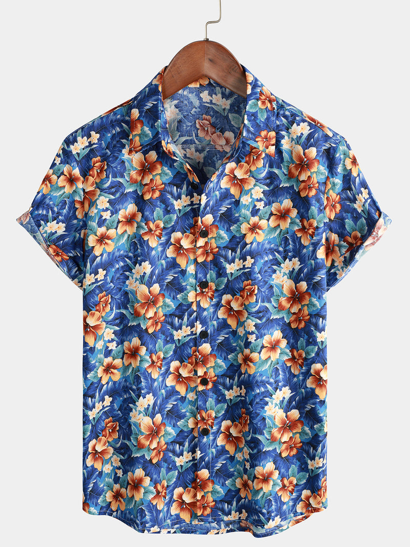 Men's Summer Floral Print Beach Resort Holiday Cotton Aloha Short Sleeve Hawaiian Shirt