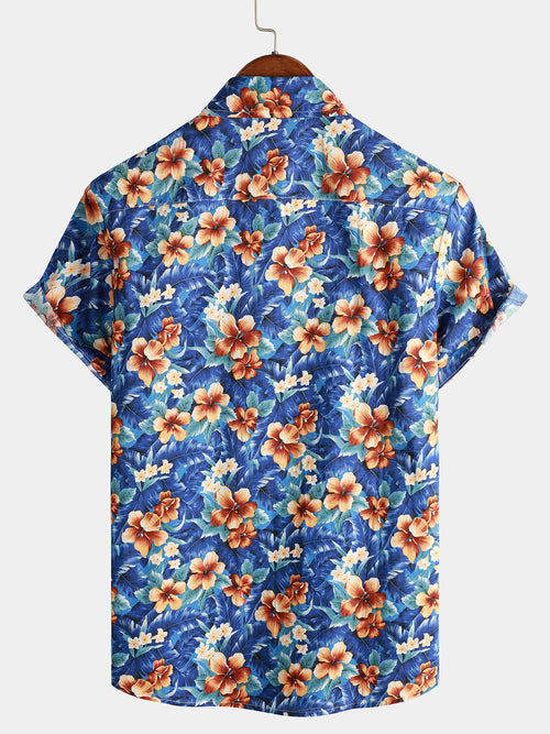 Men's Summer Floral Print Beach Resort Holiday Cotton Aloha Short Sleeve Hawaiian Shirt