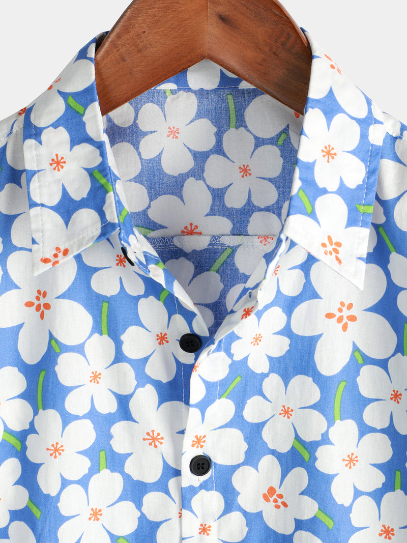 Men's Summer Floral Print Holiday Flower Resort Casual Lapel Light Blue Short Sleeve Shirt